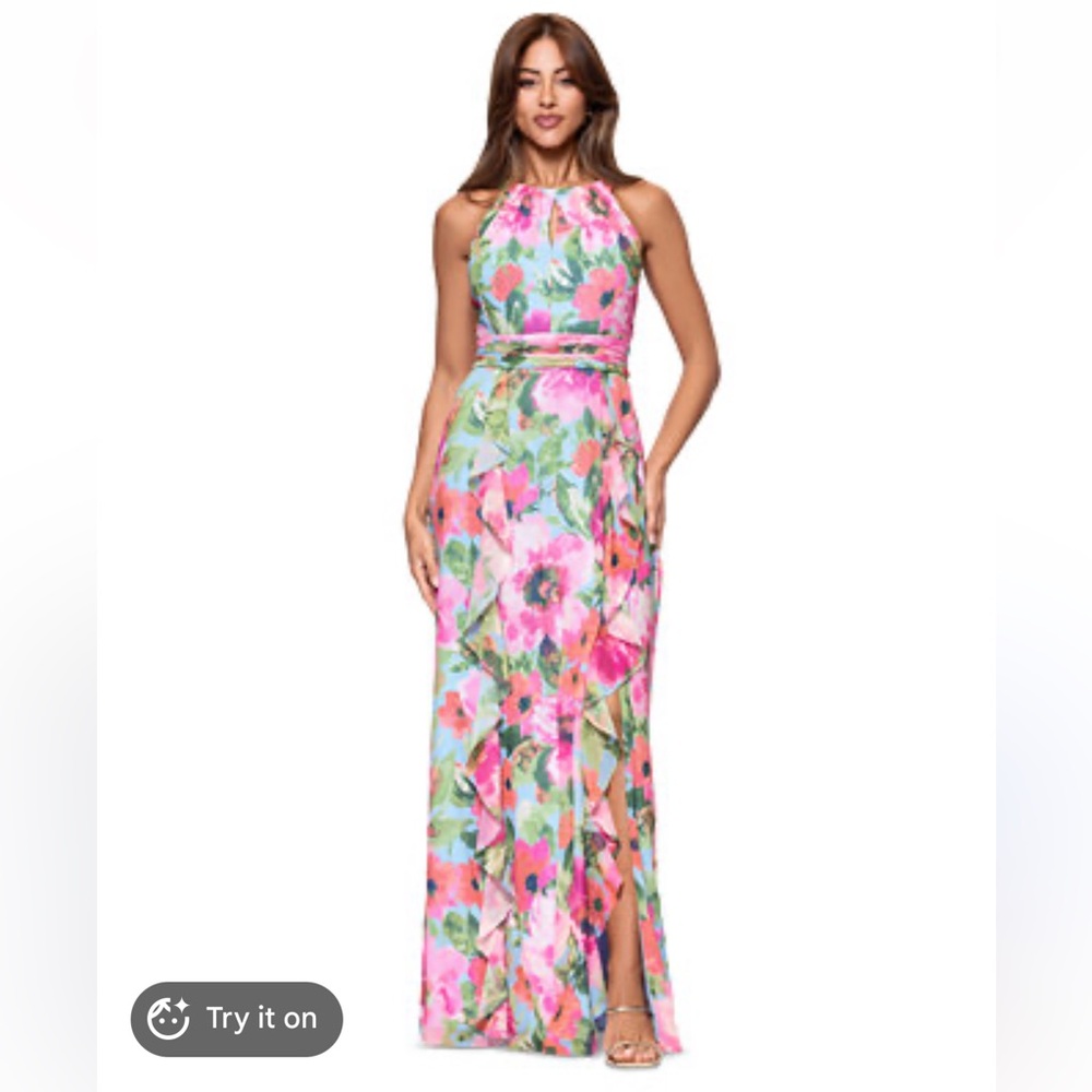 XSCAPE Floral Chiffon Ruffle Halter Maxi Gown Dress Petite Pink Blue Womens 14